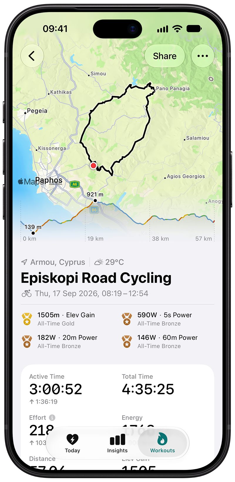 A road ride's route map and elevation, with all-time medals for climbing and power